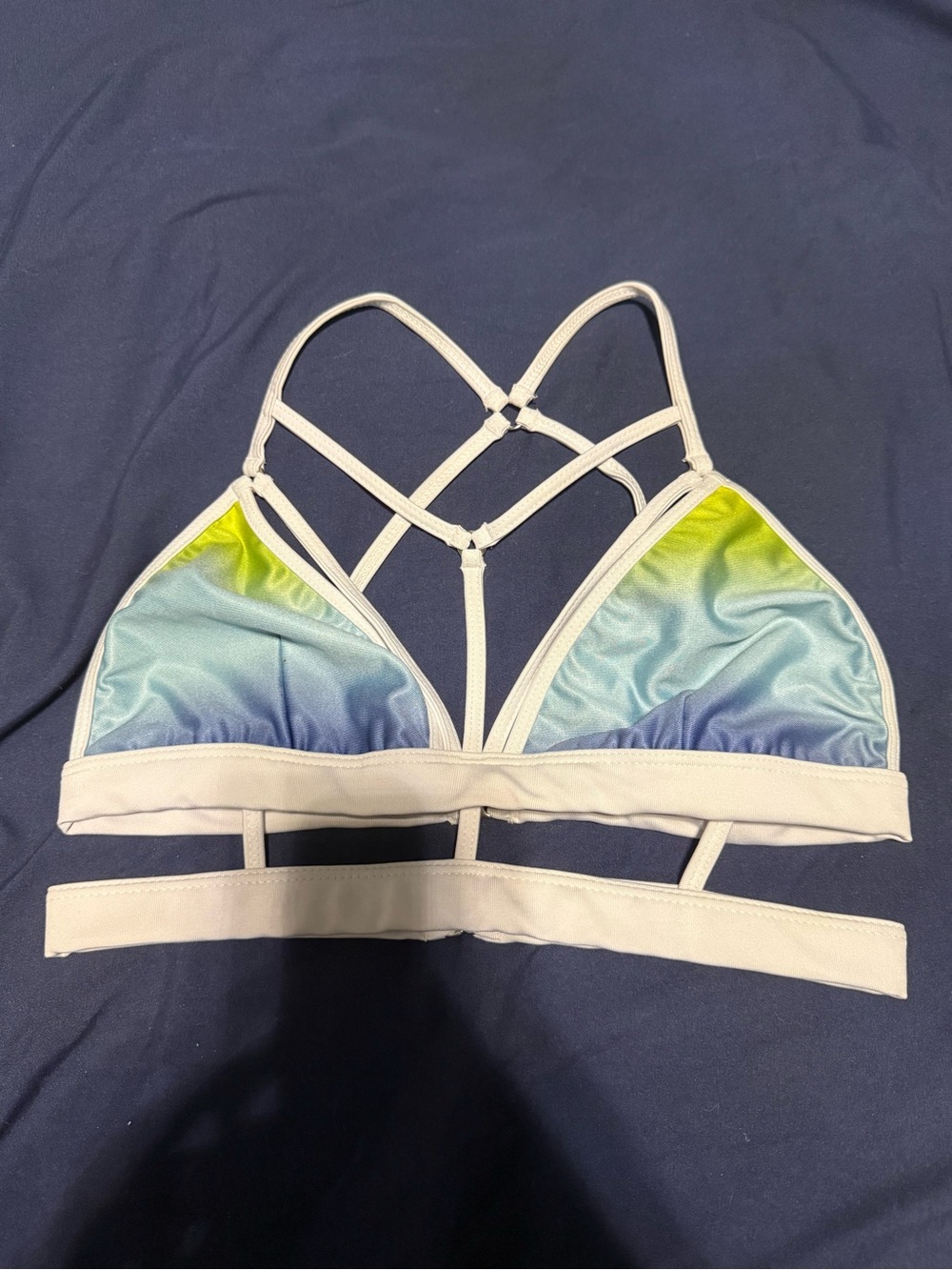 Ombre Blue-Green Strappy Triangle Bralette with White Trim
